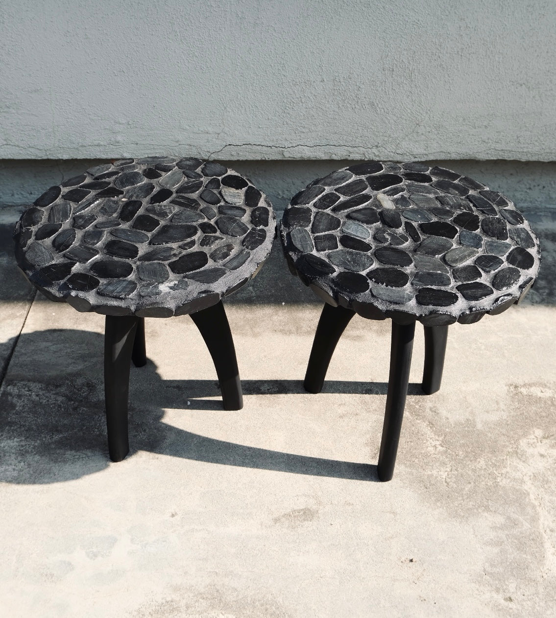 Hand tiled Black Stone Side Tables (Pair)