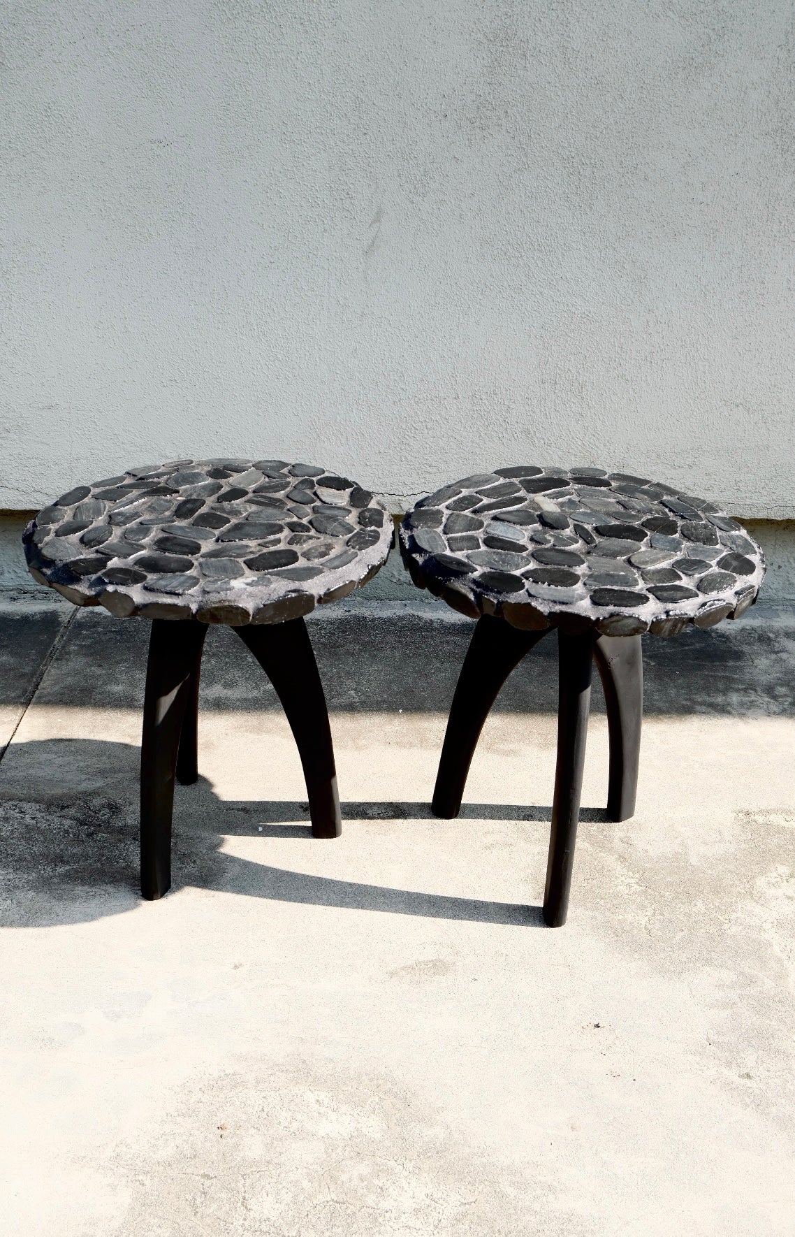 Hand tiled Black Stone Side Tables (Pair)