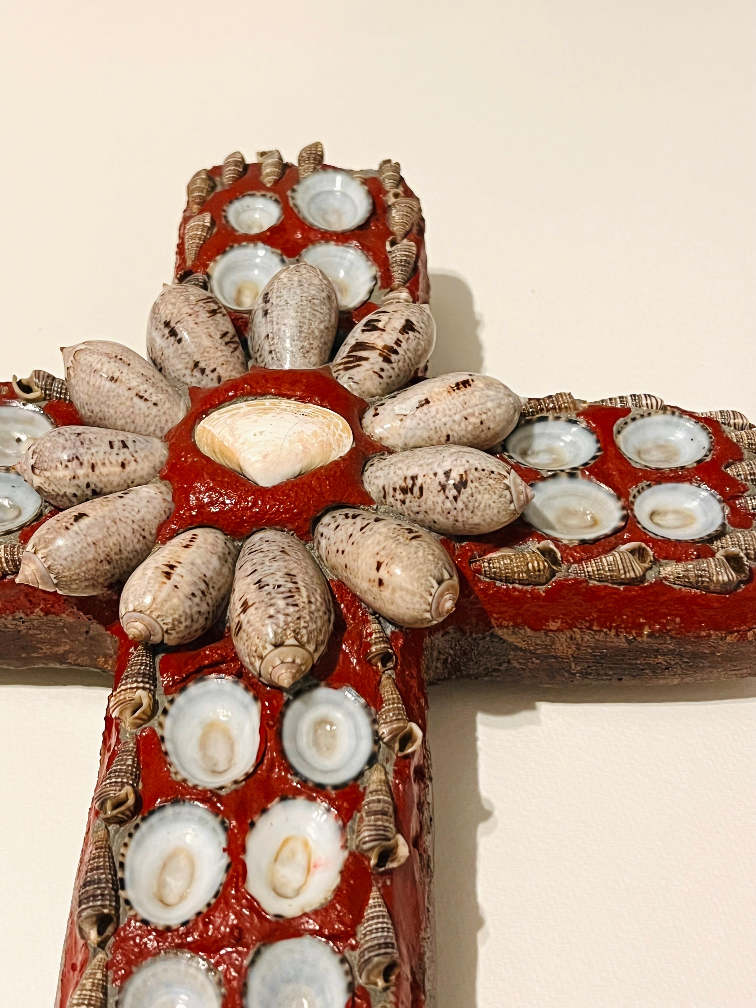 Red Shell Embellished Cross Wall Hanging (Vintage) (SOLD)