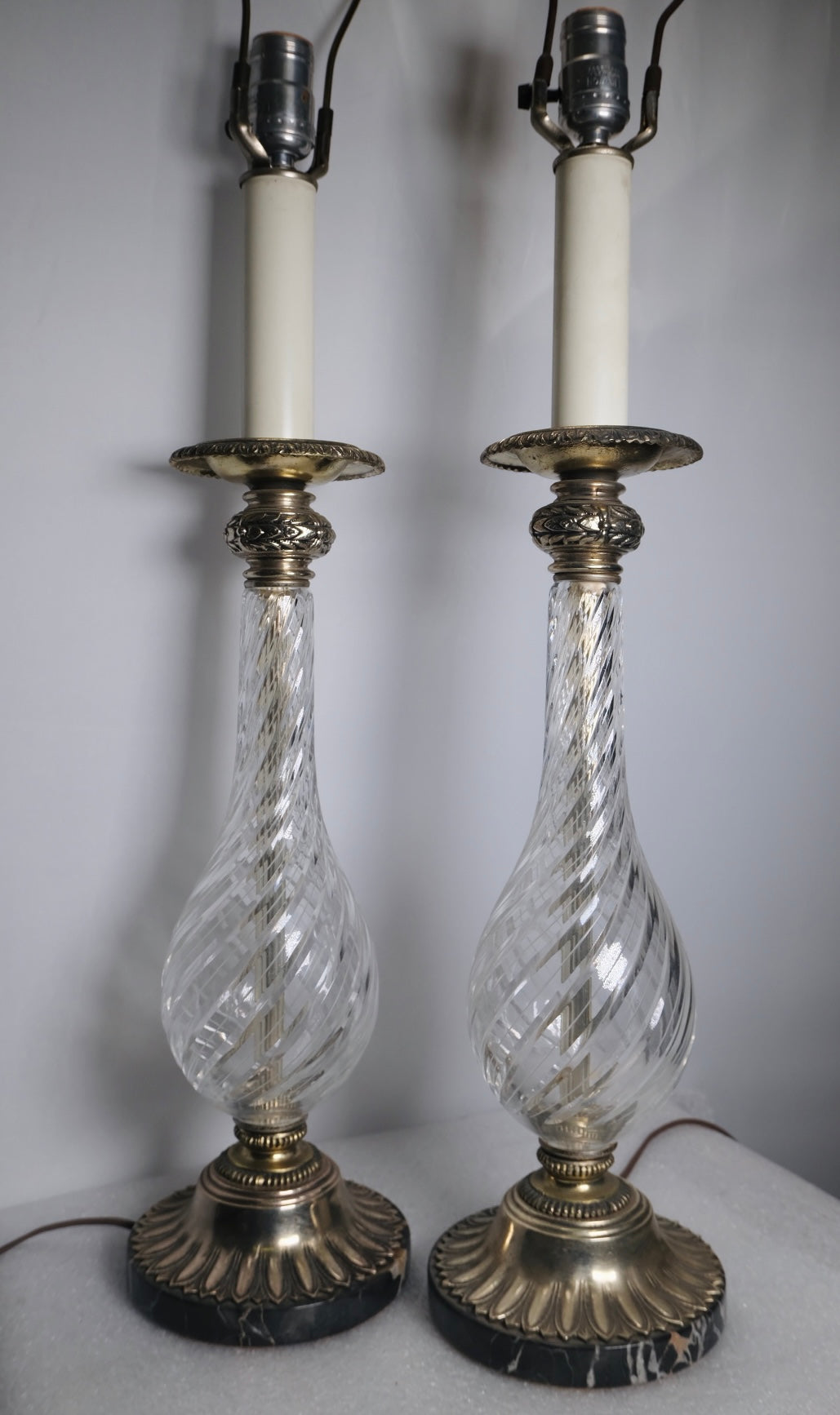 1970s Crystal Glass Genie Bottle Lamps (Pair/Vintage)