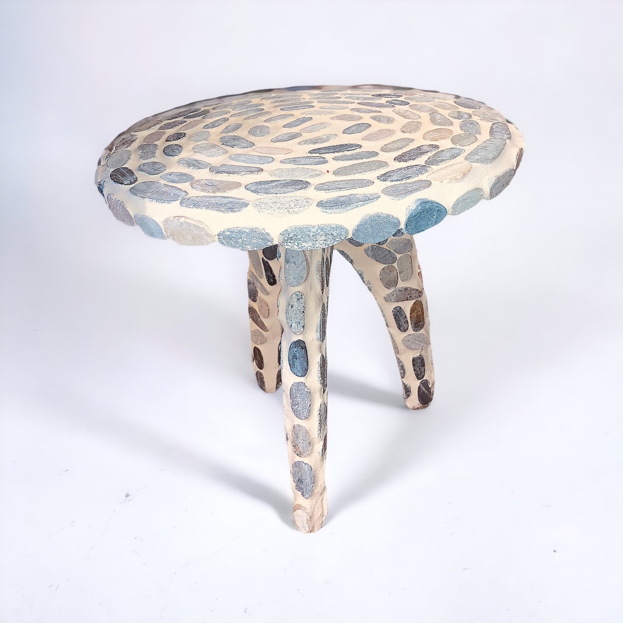 Hand tiled Stone Side Table (Blue/Cream)