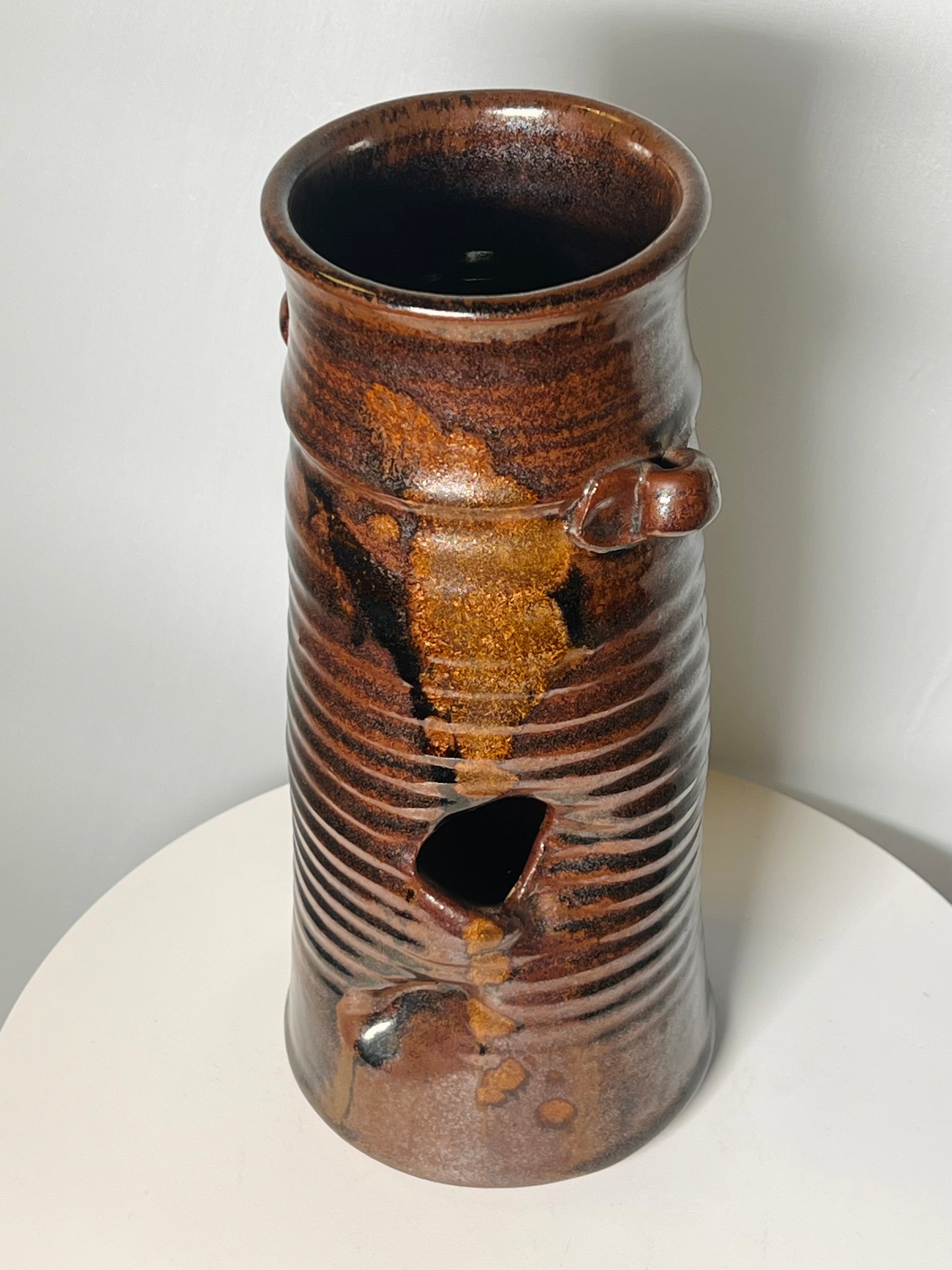Signed Brown Glazed Clay Vase (Vintage)