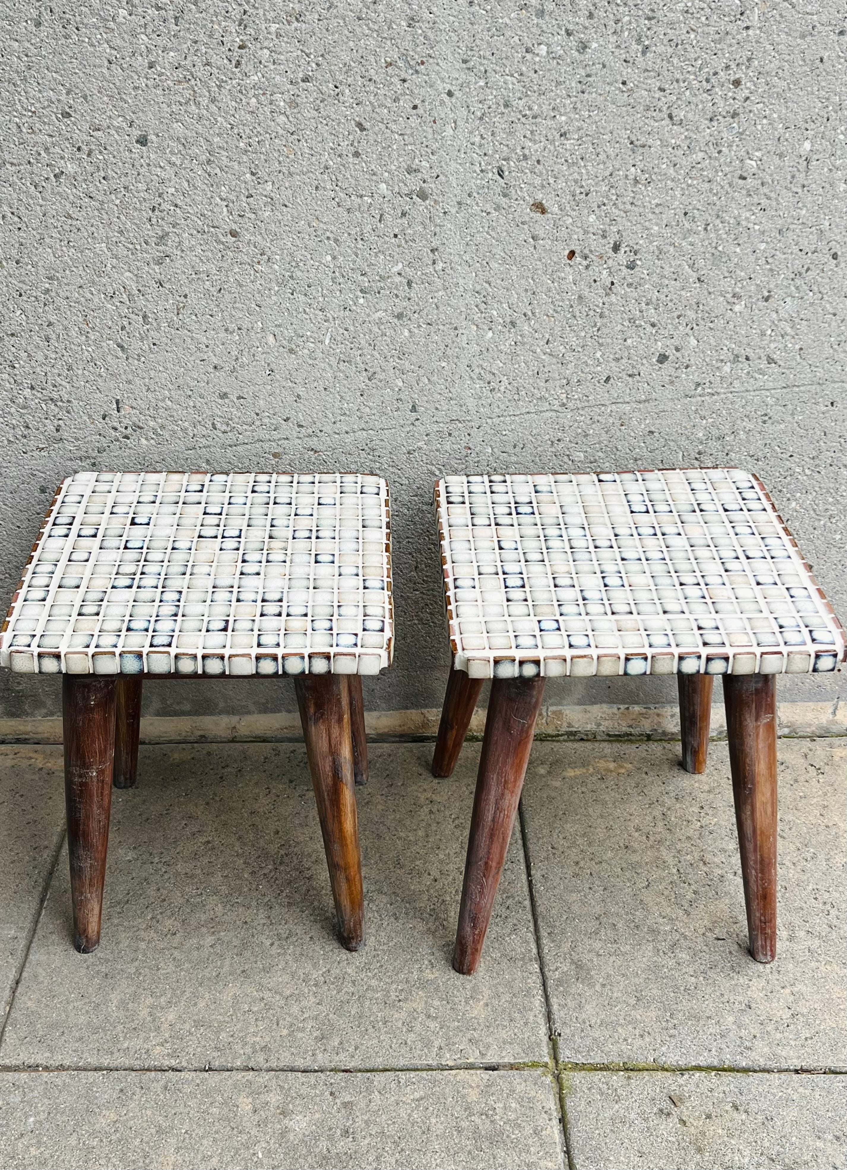 Hand tiled white/blue accent Side Tables (Pair)