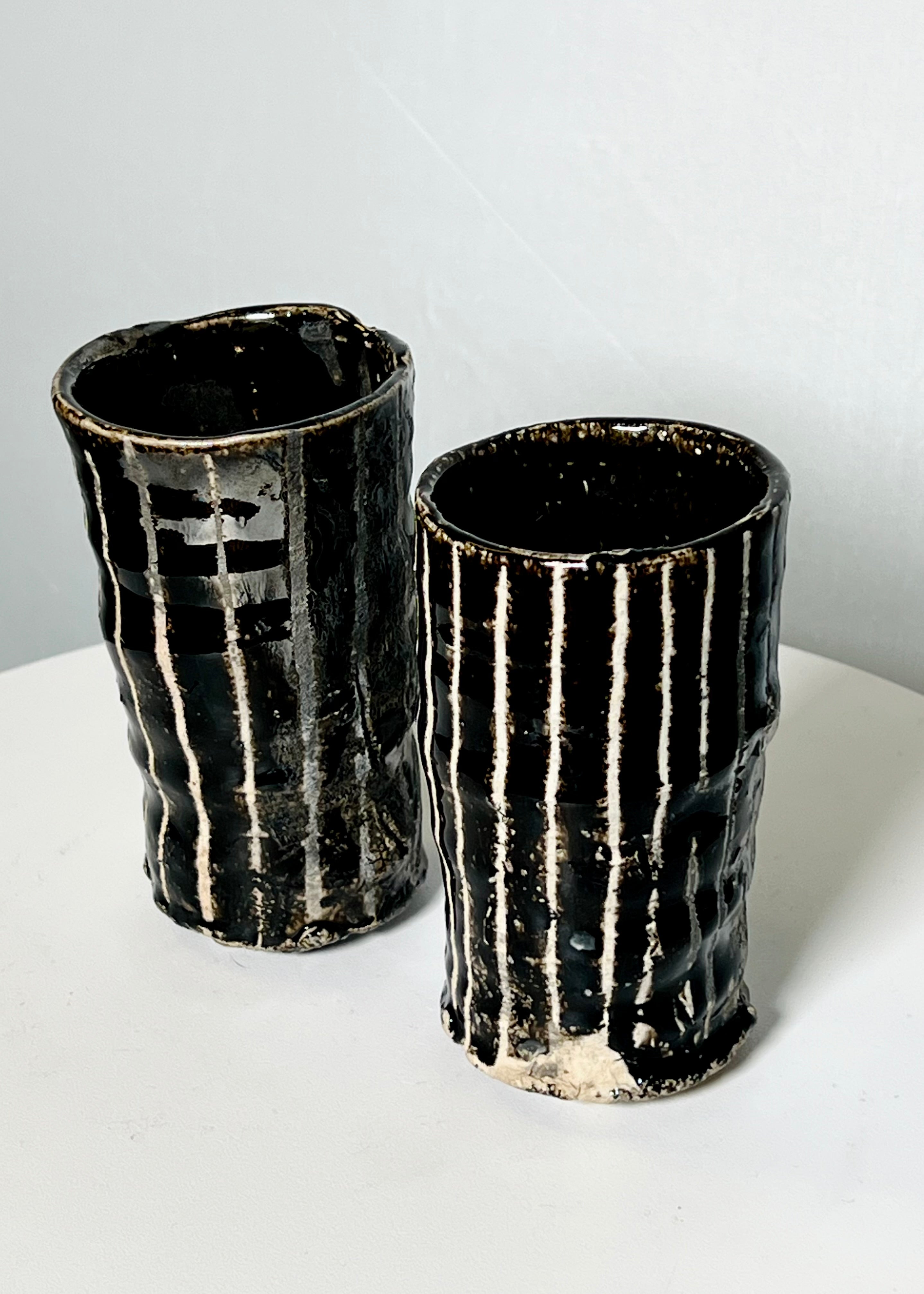 Pair of Black/White Striped Studio Pottery Cups (Vintage)