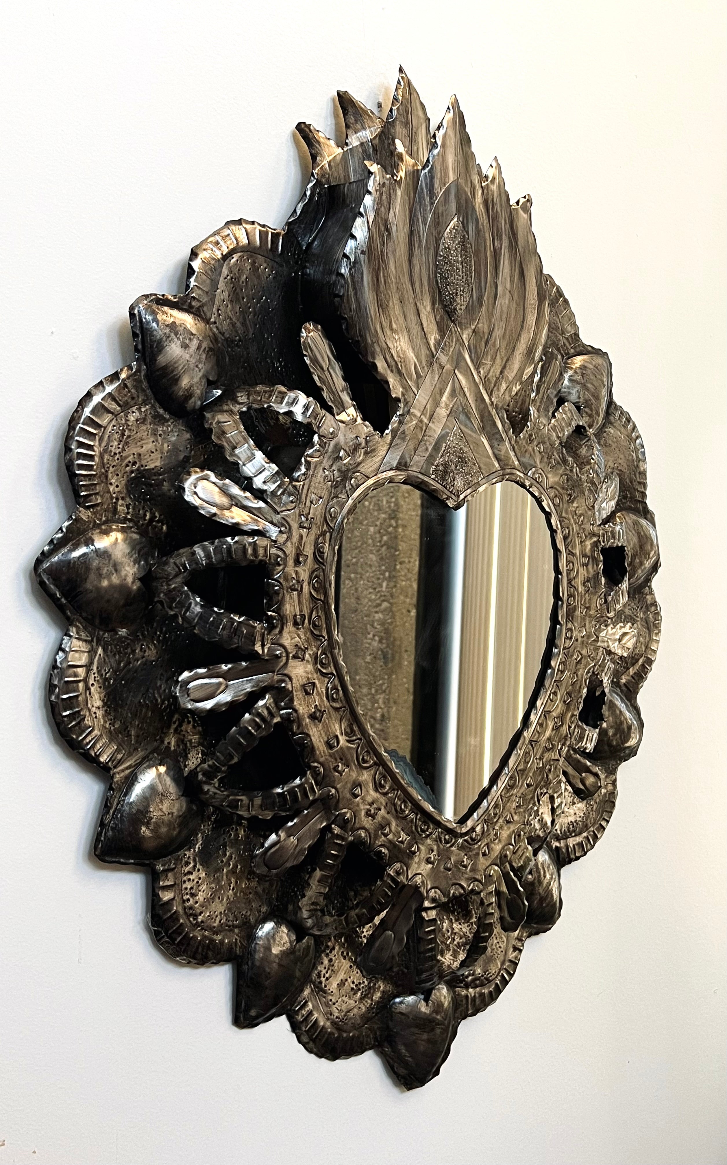 Vintage 1970s Mid-Century Modern Made in Mexico Wall Hanging Mirror Clad Art Silver Tin Metal (Vintage) (SOLD)