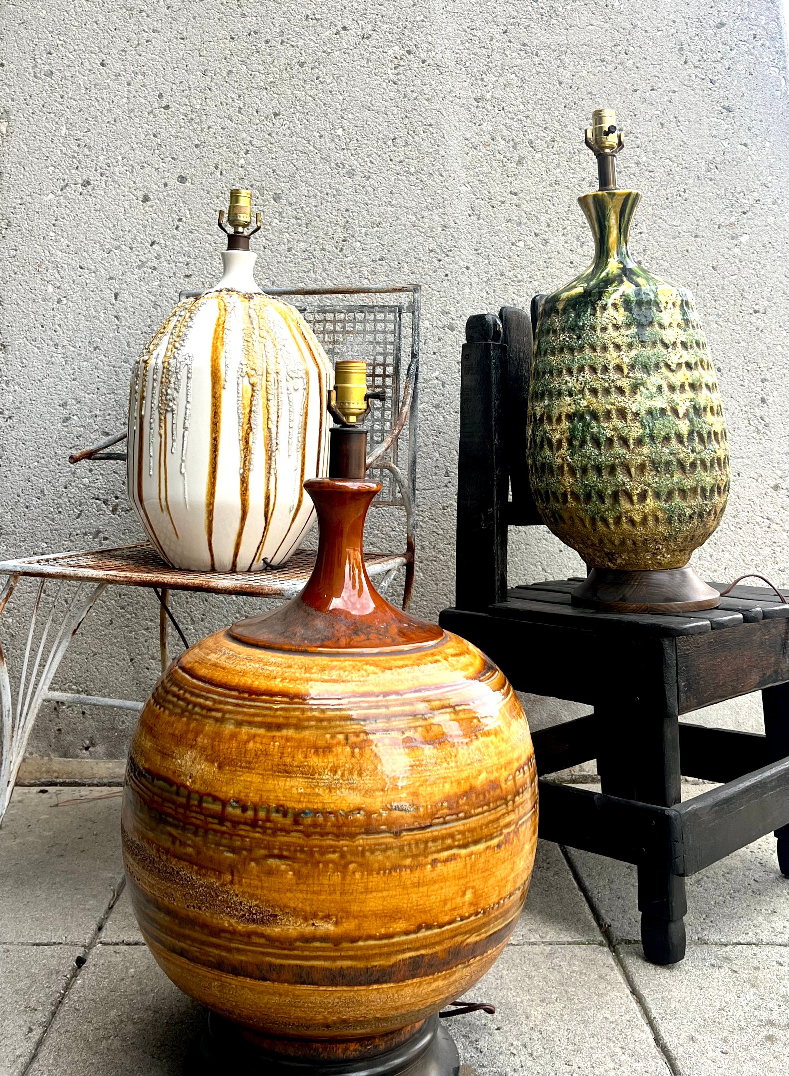 Original Mid-Century Ceramic Green and Yellow Pineapple Style Lamp (Vintage)