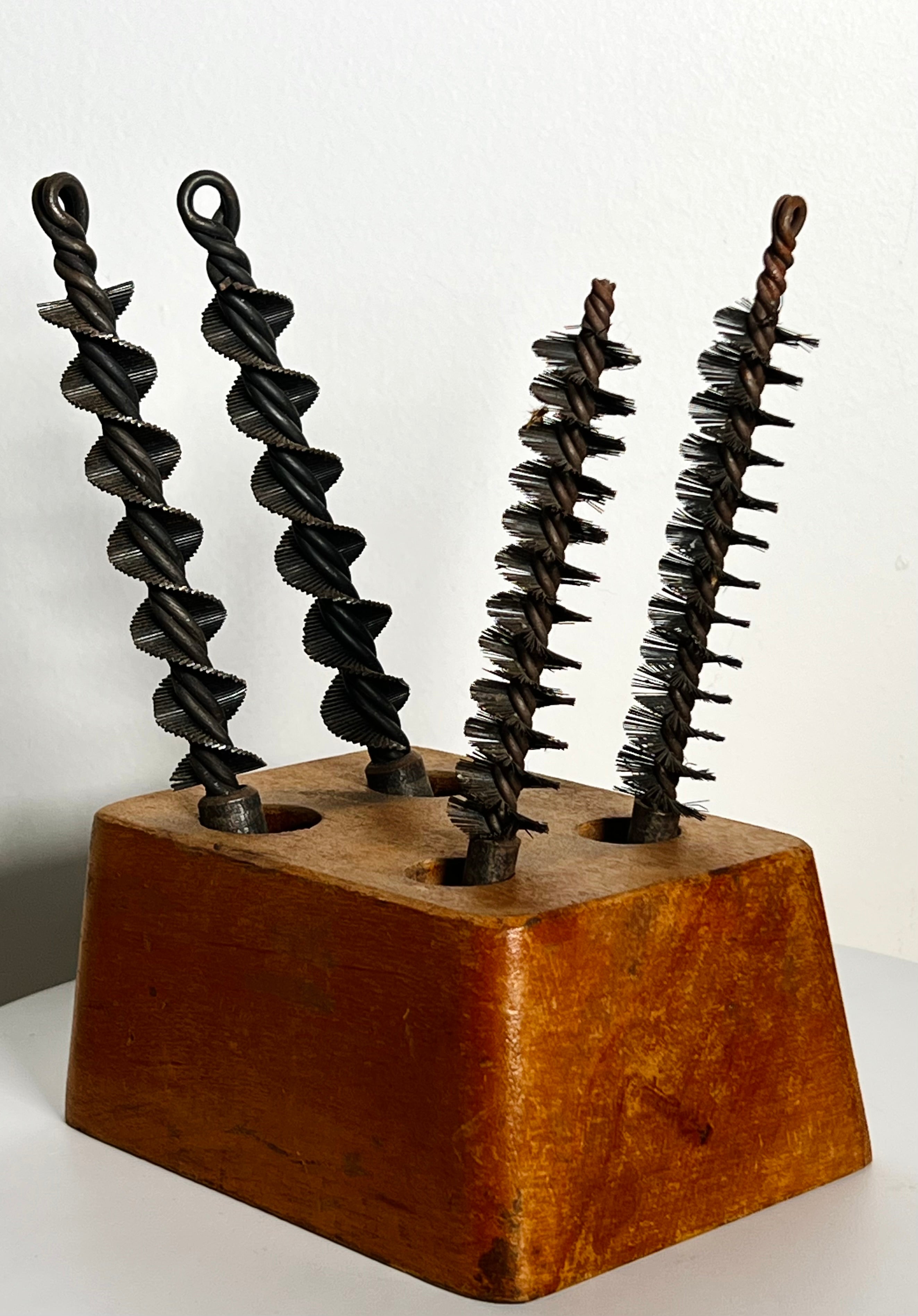 Antique Lathed Turned Wood Drill Holder & Bits (Vintage)
