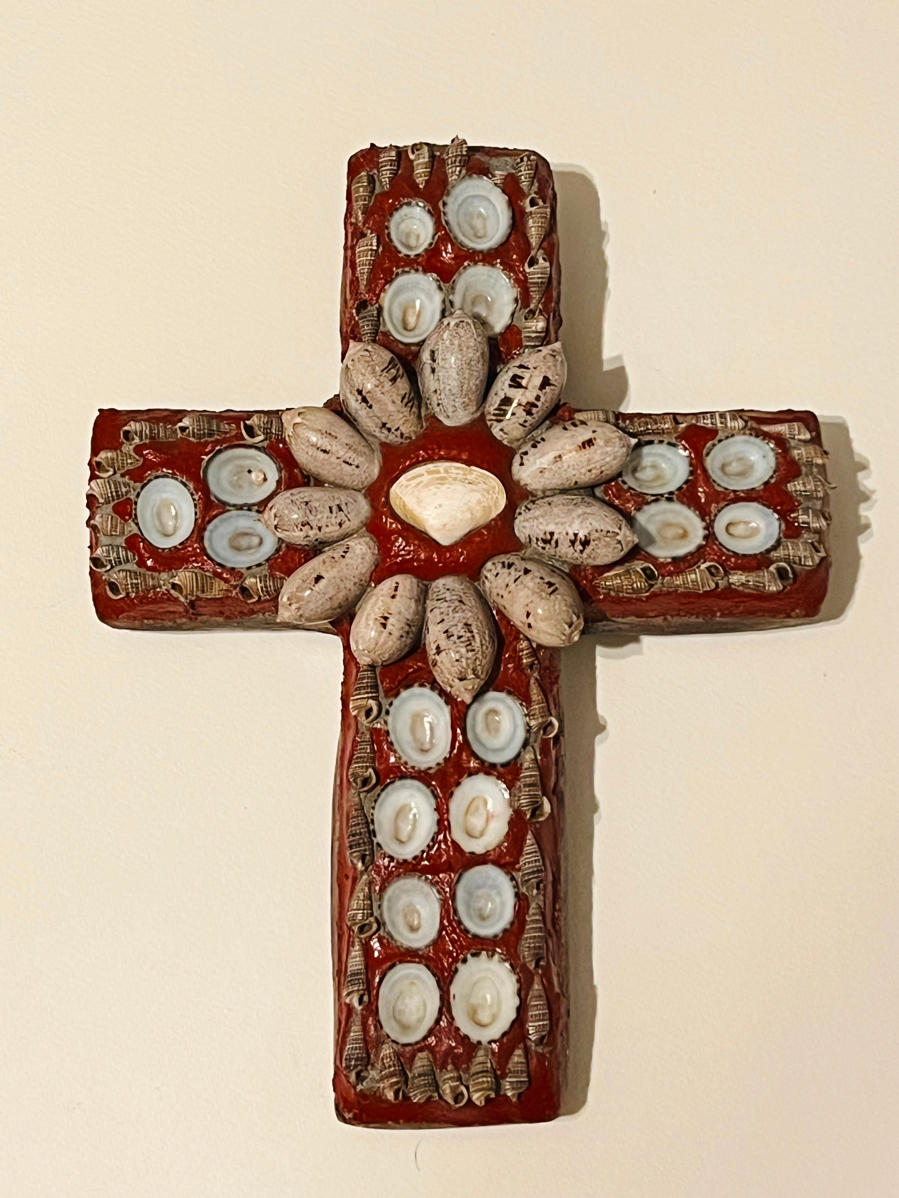 Red Shell Embellished Cross Wall Hanging (Vintage) (SOLD)
