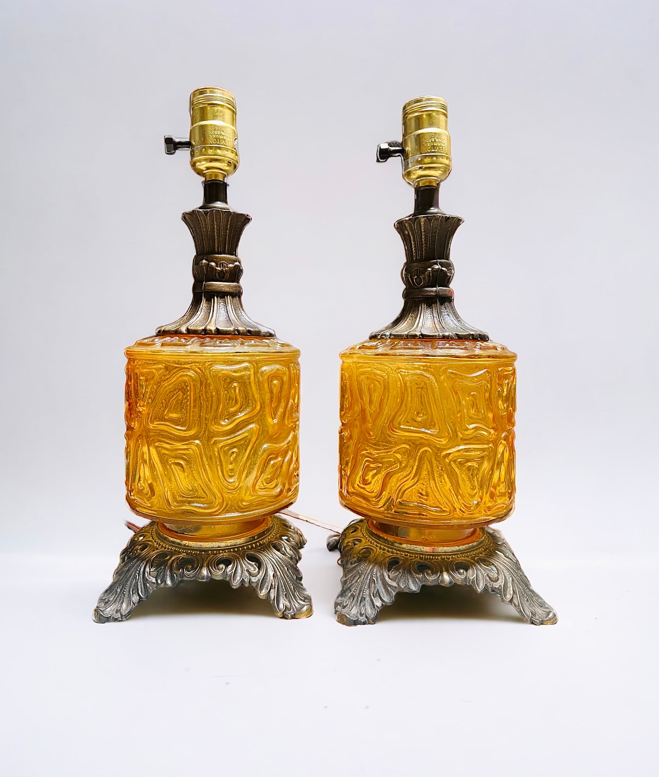 Vintage 1970 Amber Glass Nightlight Table Lamps (Pair)