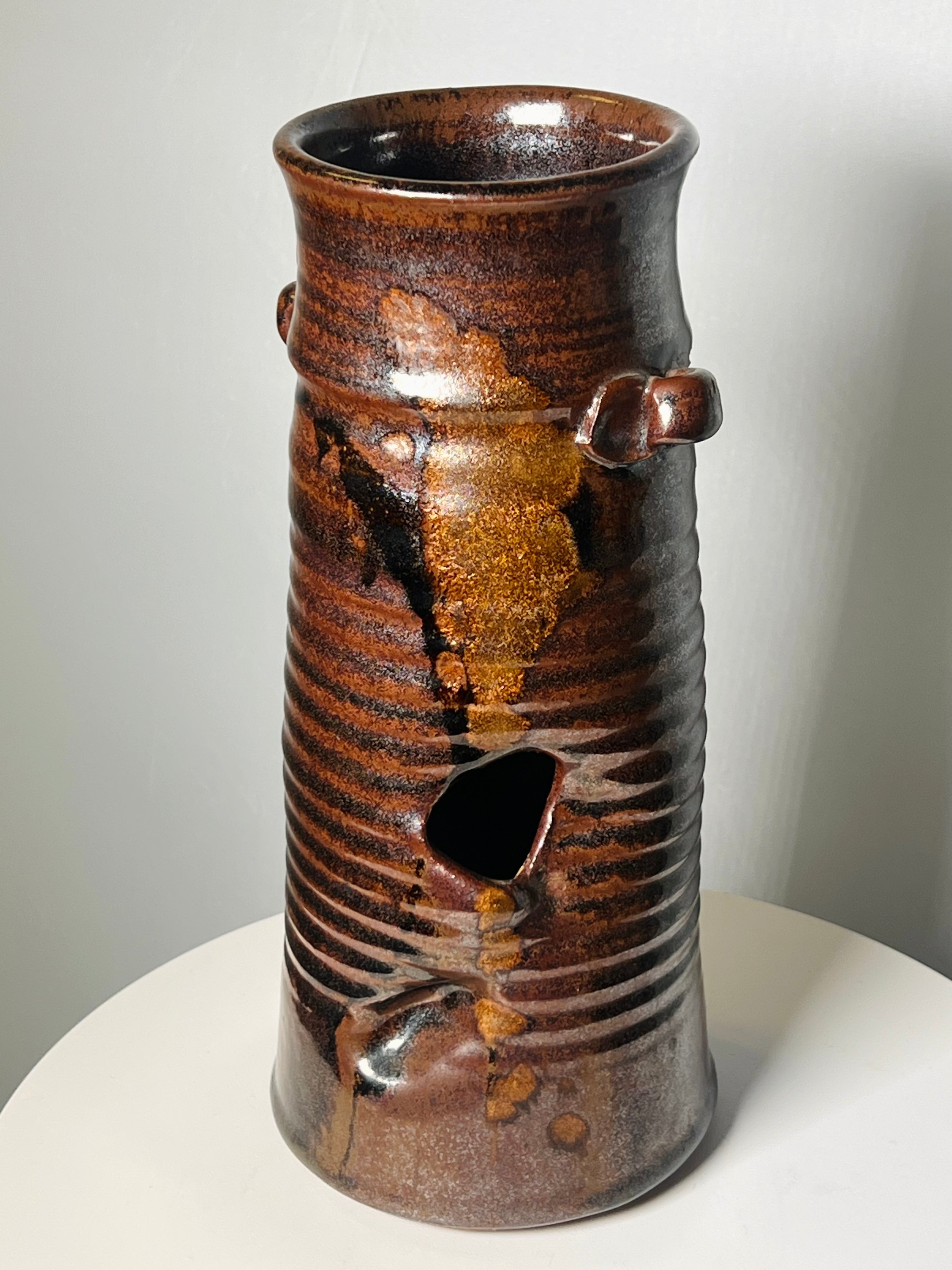 Signed Brown Glazed Clay Vase (Vintage)
