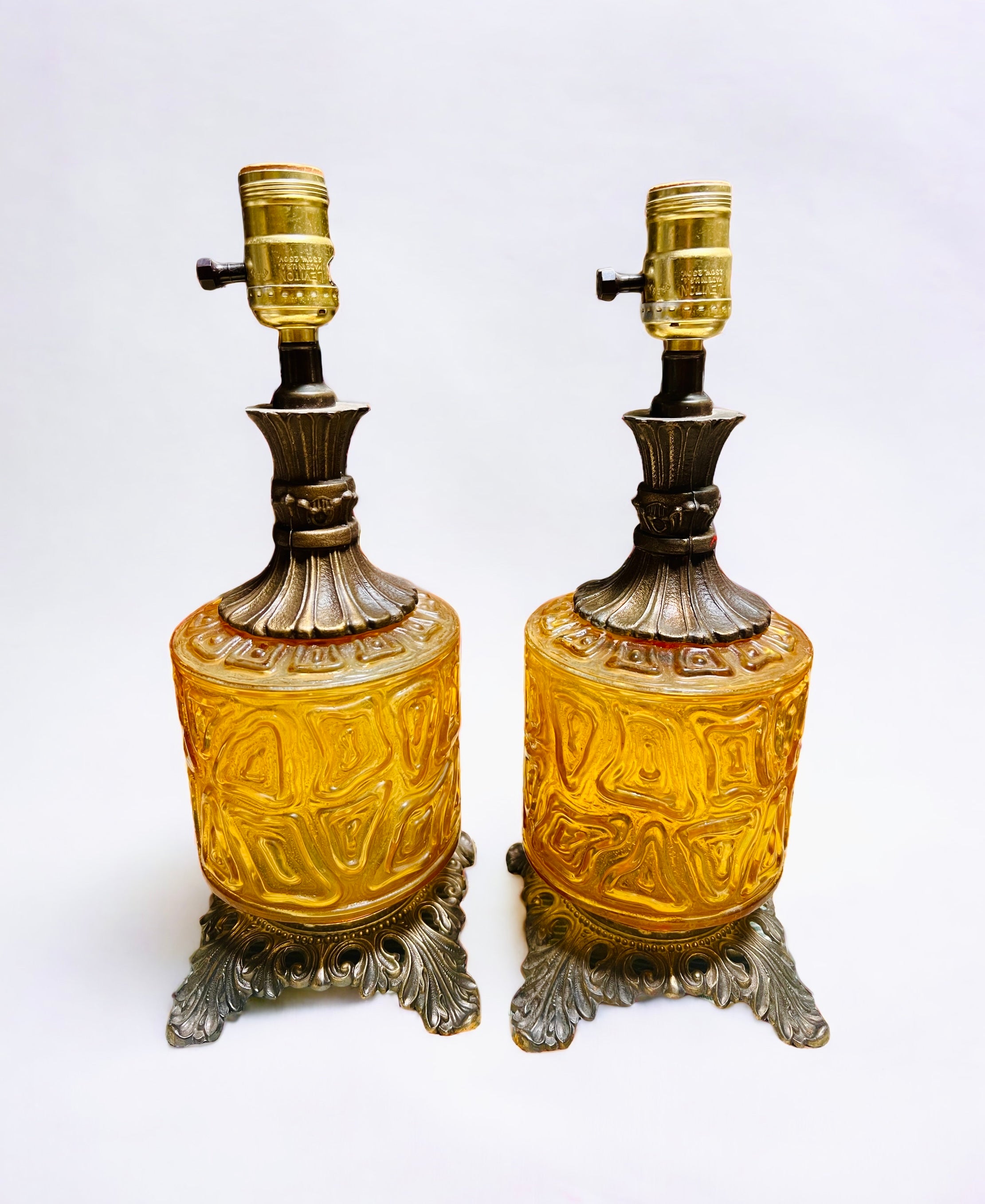 Vintage 1970 Amber Glass Nightlight Table Lamps (Pair)