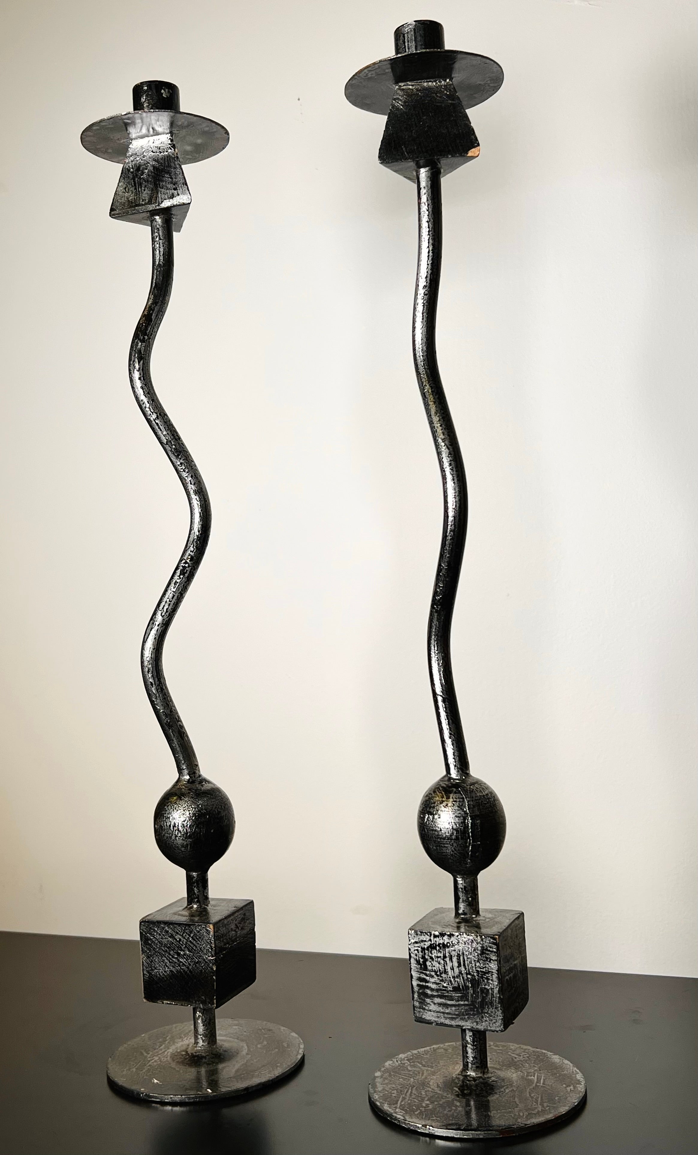 Silver Heavy Cast Iron Candle Stick (Pair) (Vintage)