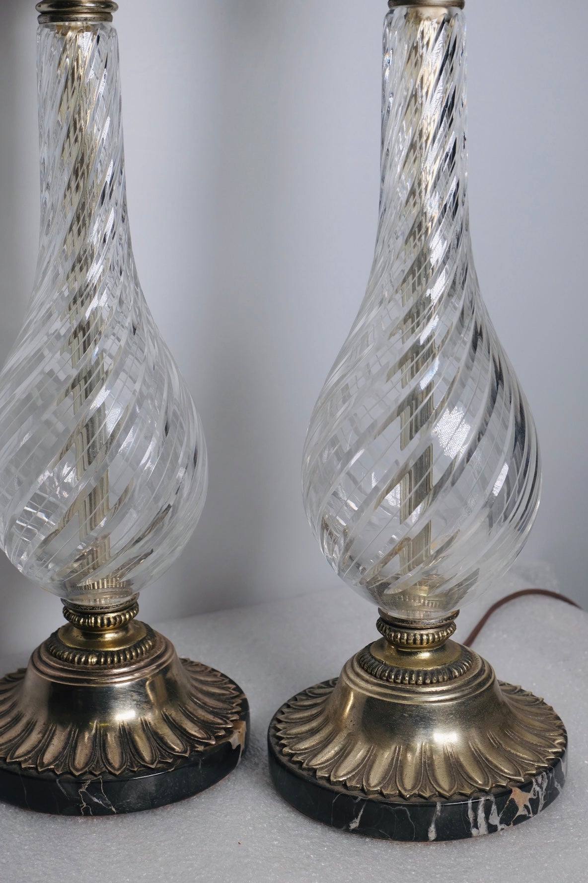 1970s Crystal Glass Genie Bottle Lamps (Pair/Vintage)
