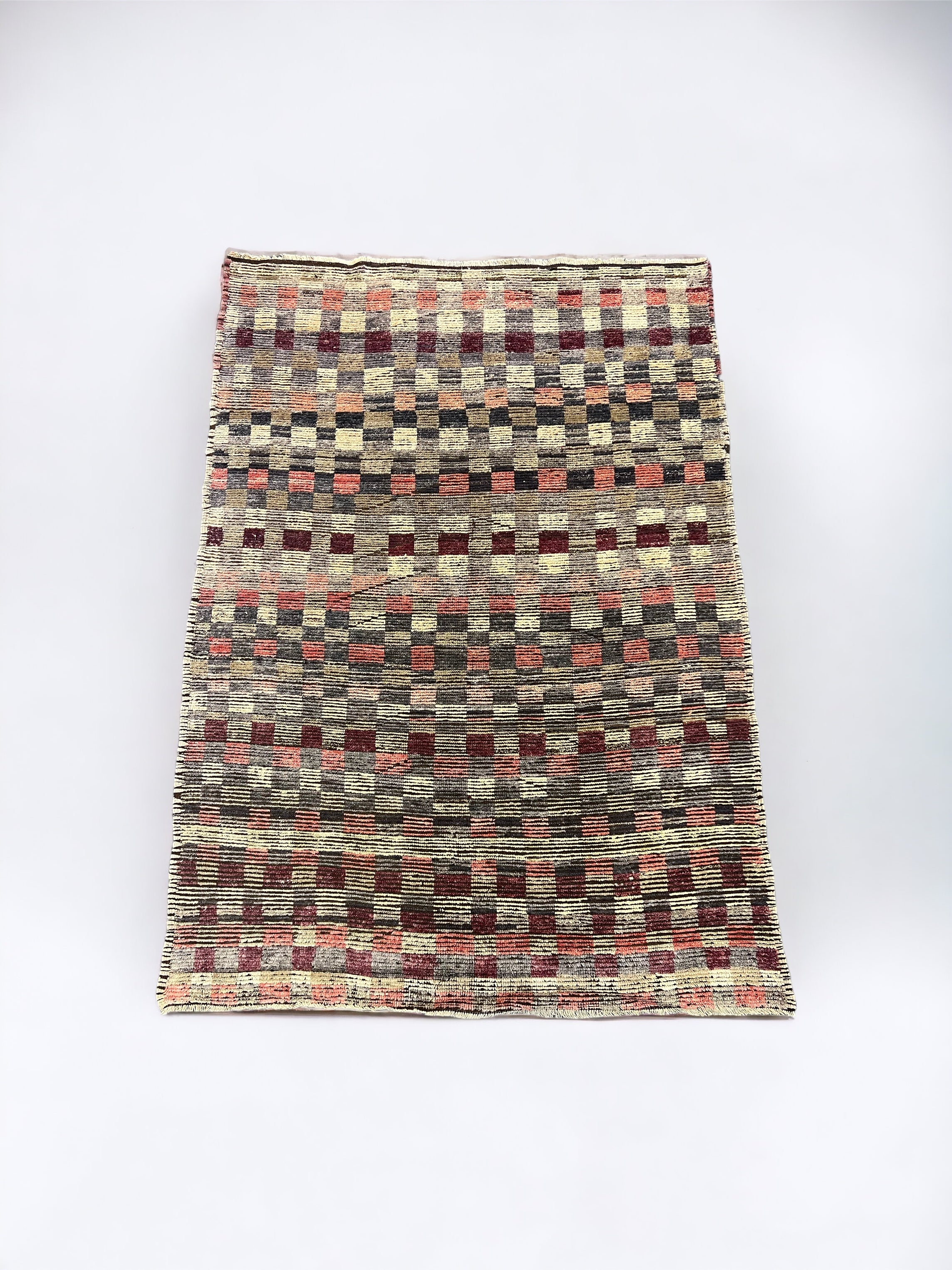 Contemporary Checkered Turkish Vintage Wool Rug