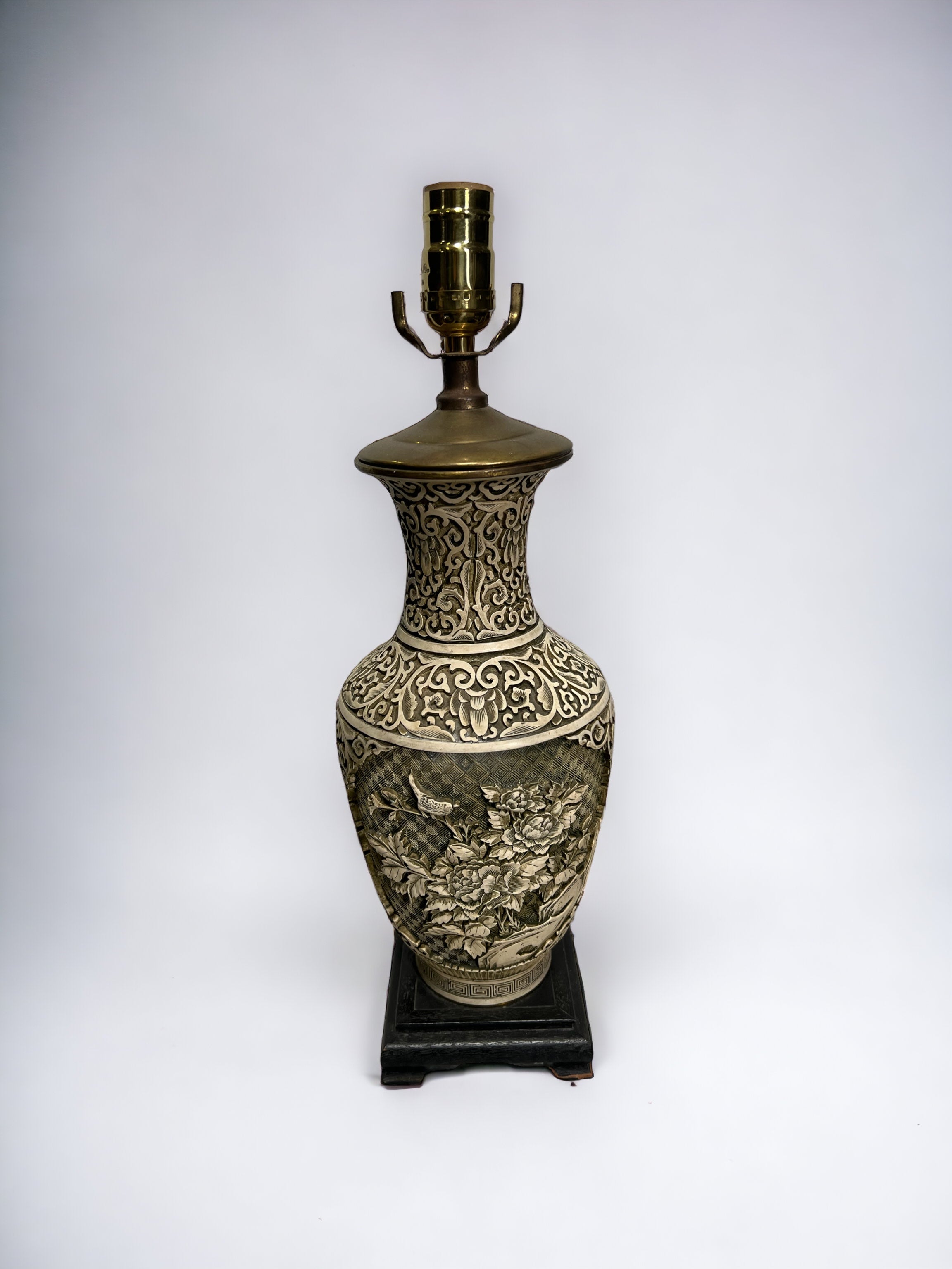 Wooden 1930s Hand-carved Asian Table Lamp