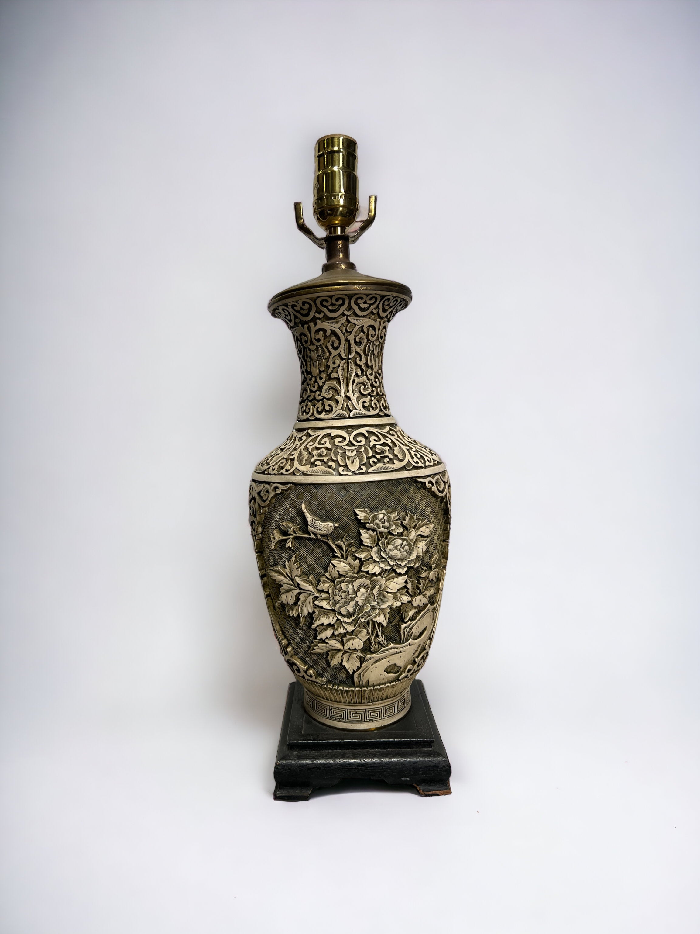 Wooden 1930s Hand-carved Asian Table Lamp
