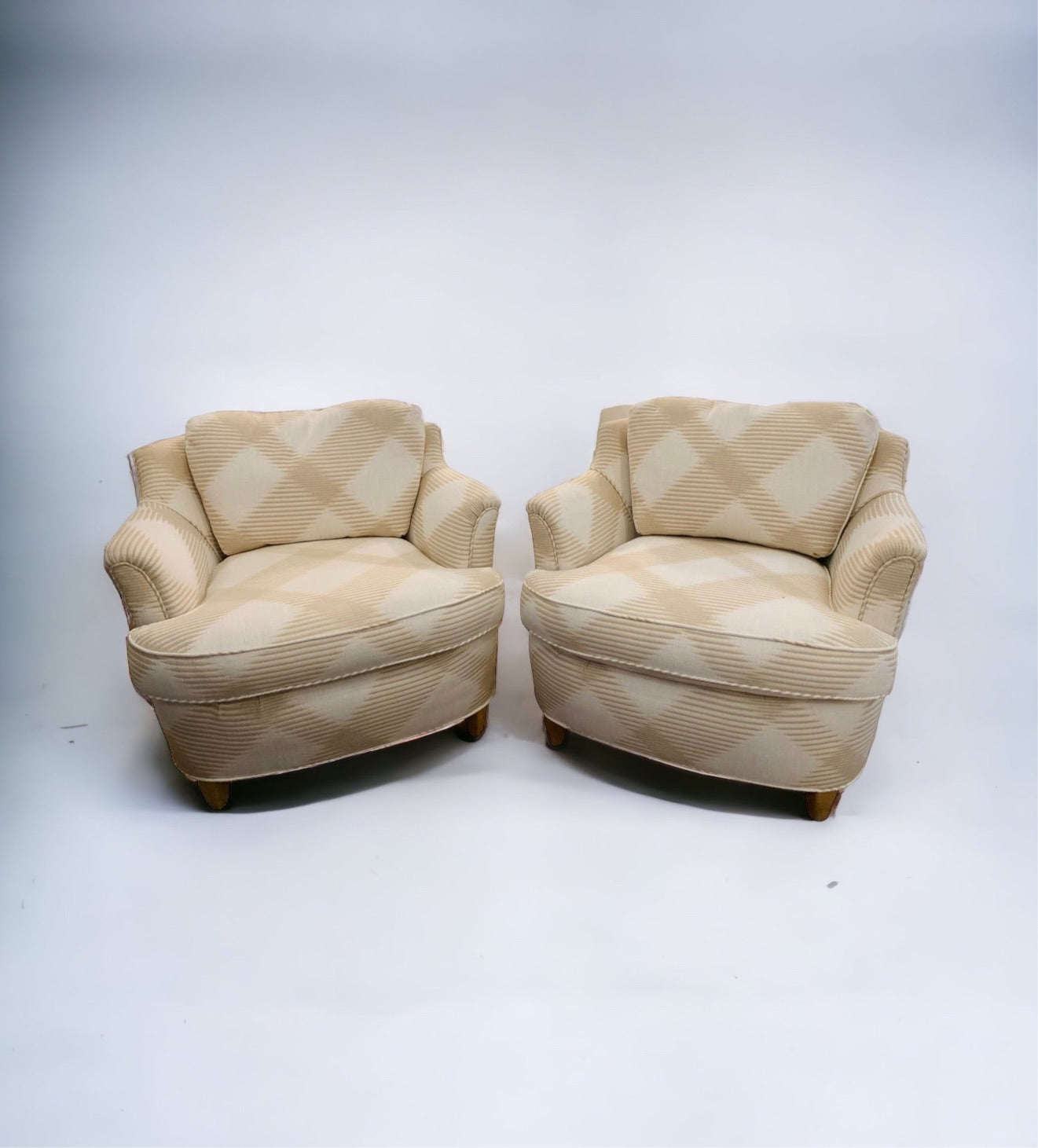 Cream Ivory Plaid 1940s Club Chairs (pair)
